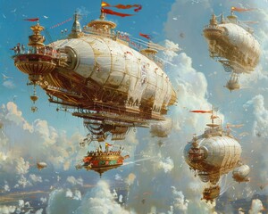 Steampunk airship regatta sky filled with competitors - obrazy, fototapety, plakaty