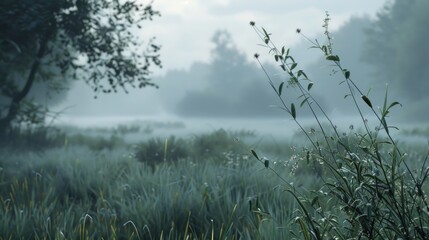 A misty field with grass and trees in the background. Suitable for nature and landscape concepts