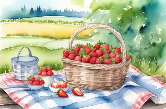 Purple picnic lavender field in beautiful style.  Violet lavender. Natural background. Lavender flower. Fragrance flower. Flower meadow. watercolor picnic on a lavender field. basket with strawberries