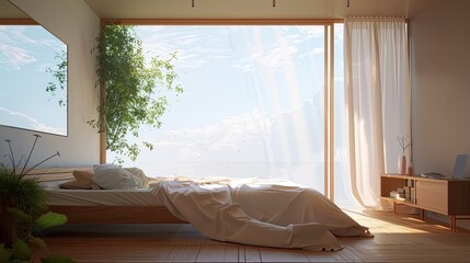 the minimalist bedroom's serene atmosphere. the soft, diffused light streaming in through the large window. exposure settings to balance the brightness of the room with the exterior sky view.