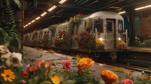 the subway train centrally in the frame, ensuring that the flowers cover its exterior evenly. Use leading lines and symmetry to draw the viewer's eye towards the center of the image.