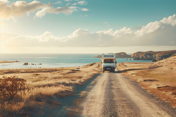 Motorhome driving under the sunlight by the coastline, van life concept, travel, wanderlust - obrazy, fototapety, plakaty