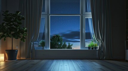 Empty room with a large window and an internal window sill overlooking the night and starry sky. Exposure adjusted to balance the brightness of the night sky with the darkness of the room