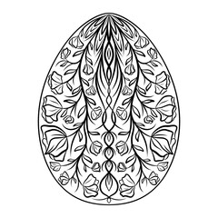 Hand drawn silhouette of Easter ornamental egg with pattern, curls, flowers, leaves. Decorative Easter holiday, floral spring egg. Vector outline sketch illustration isolated on white background