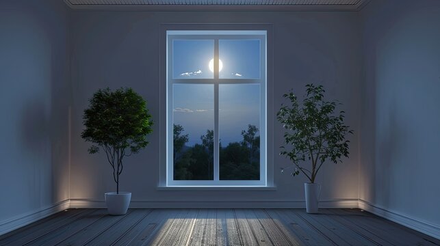 Empty room with a large window and an internal window sill overlooking the night and starry sky. Exposure adjusted to balance the brightness of the night sky with the darkness of the room