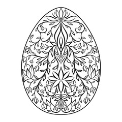 Hand drawn silhouette of Easter ornamental egg with pattern, curls, flowers, leaves. Decorative Easter holiday, floral spring egg. Vector outline sketch illustration isolated on white background