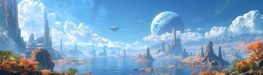 Obraz premium Serenity among shiny sci-fi ruins beacon of hope in vivid landscapes