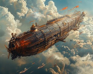 Steampunk airship regatta sky filled with competitors - obrazy, fototapety, plakaty