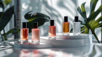 Minimalist podium with 5 levels showcasing 5 identical perfume bottles in a stylish, contemporary...