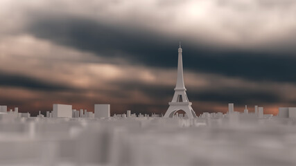 Paris with Eiffel Tower as a white 3D model and bad weather in the distance.