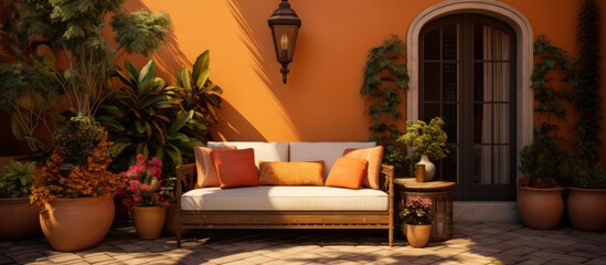 Private estate courtyard with orange and beige sofa, potted plants, and street lamp.