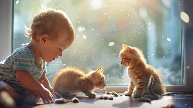 the small boy to engage in natural activities like playing with kittens. Capture candid moments of him interacting with the kittens, laughing, or showing genuine expressions of joy and curiosity