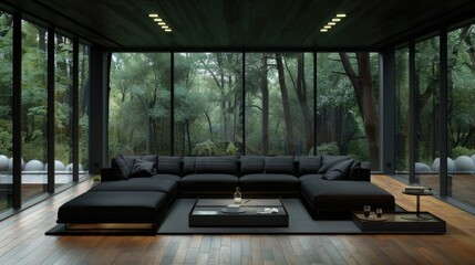 a large black sofa and other furniture in the room with large panoramic windows highlight the...