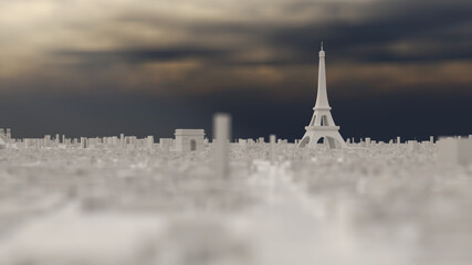 Paris with Eiffel Tower as a white 3D model and bad weather in the distance.