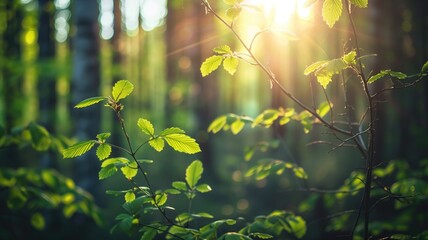 Sunlight filters through vibrant green spring leaves, evoking a sense of renewal and growth