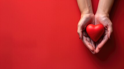 Hands cradling a red heart on a solid red background, symbolizing care, love, and health - obrazy, fototapety, plakaty