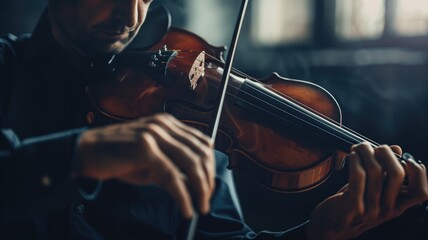 Close-up of a violinist's hands passionately playing the violin, highlighting the beauty of music
