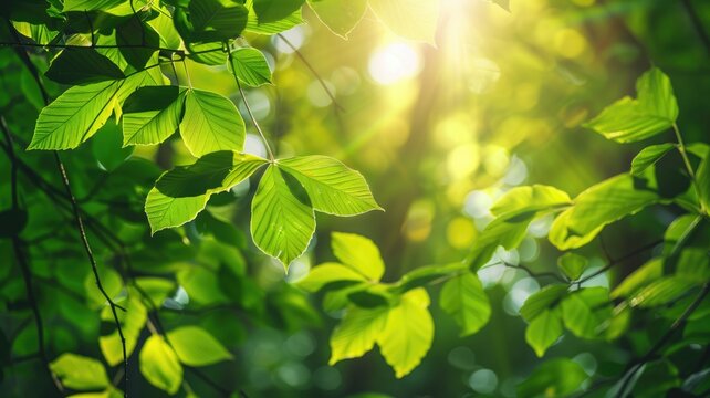 Sunlight filtering through vibrant green leaves, depicting a fresh, natural environment