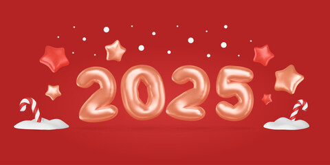Fototapeta na wymiar Bubble 2025 numbers. 3D balloon text, cartoon stars, candy cane in snow rendering. Xmas banner, horizontal New Year greeting in minimalistic style. Vector Christmas illustration on red background