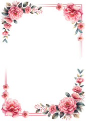 Wedding rectangular square pink frame; wreath with roses and camellia. Design for greeting card. Wedding invitation