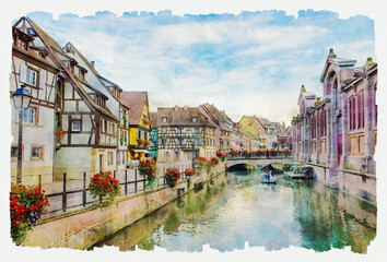 A picturesque street scene with medieval houses and flowers over a water canal in Colmar, Alsace, France. Watercolor painting.