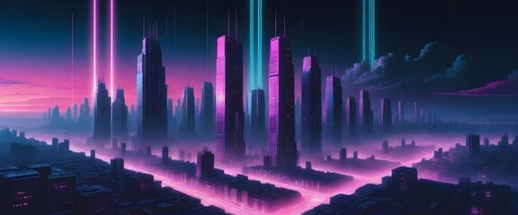 Futuristic cityscape at night with neon pink and blue lights, skyscrapers, and glowing rivers
