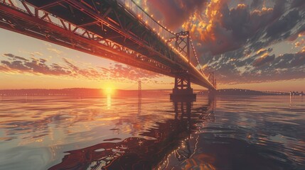 The warm glow of sunset radiates beneath a vast steel bridge, mirrored by the tranquil waters below as day turns to dusk. - obrazy, fototapety, plakaty