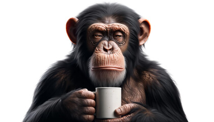 chimpanzee feeling exhausted half asleep while drinking a hot drink in mug to wake up. Sleepy monkey while holding cup of hot coffee or tea. 