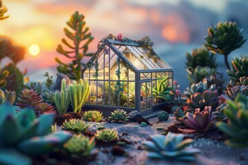 A hyper-realistic miniature glasshouse surrounded by a meticulously detailed succulent garden under the soft glow of sunset, creating a tranquil and inviting atmosphere. - obrazy, fototapety, plakaty