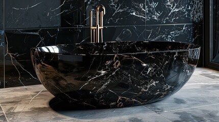 Fototapeta na wymiar The bathroom is decorated with high quality and luxurious materials such as exquisite black marble and matte finishes. Rich textures convey the richness and sophistication of a space.