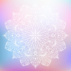 Hand drawn white floral ornamental mandala with patterns, curls, flowers, leaves. Beautiful vintage colorful ethnic ornament. Vector outline illustration on pastel multi color gradient background