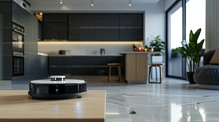 light furniture and kitchen decor to create a contrast with the black sweeping robot vacuum cleaner. This contrast highlights the robot's sleek and modern design against the clean white background.