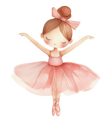 Beautiful baby doll ballerina in light pink tutu skirt, delicate watercolor illustration. Nursery poster design, limited color palette. Isolated on white background