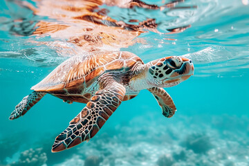 A sea turtle gracefully navigates through turquoise ocean depths, embodying elegance and resilience in its aquatic domain.