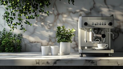 coffee cups next to the coffee machine to add context and visual interest to the scene. Additional elements such as a green plant and a marble countertop.