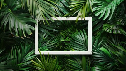 empty space and a frame of white paper or an inviting frame among the branches and leaves of a palm tree to create a sense of depth and dimension in the frame.