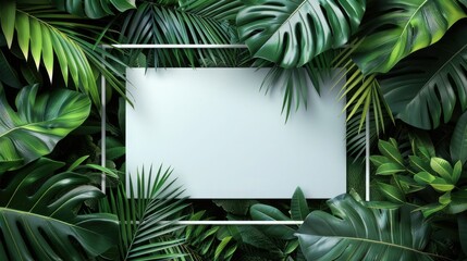 empty space and a frame of white paper or an inviting frame among the branches and leaves of a palm tree to create a sense of depth and dimension in the frame.