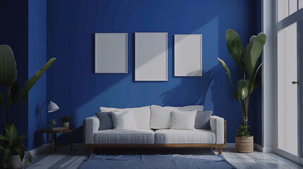 modern living room with sofa with empty wall mockup for picture 