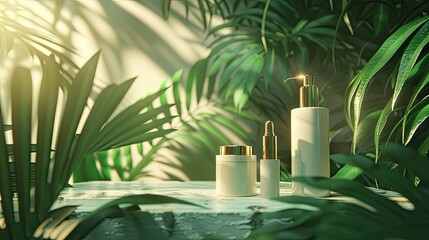 lighting simulates natural daylight to highlight the true colors and textures of tropical green leaves and beauty products. - obrazy, fototapety, plakaty