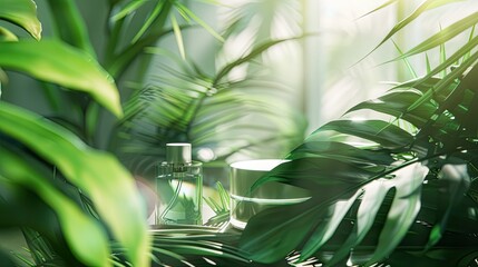 lighting simulates natural daylight to highlight the true colors and textures of tropical green leaves and beauty products.