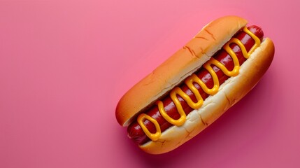 Classic hotdog with ketchup and mustard. Isolated on pink background. top view. Room for copy space - obrazy, fototapety, plakaty