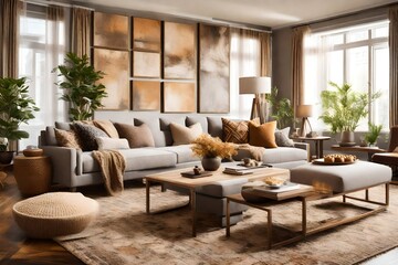 a cozy lounge space with plush furnishings, warm tones, and artistic accents, cultivating a welcoming atmosphere in a stylish living room setting.