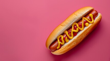 Classic hotdog with ketchup and mustard. Isolated on pink background. top view. Room for copy space - obrazy, fototapety, plakaty
