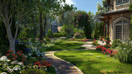 Fototapeta premium Beautifully landscaped garden pathway with colorful flowers leading towards a stately home on a sunny day, perfect for real estate advertising.