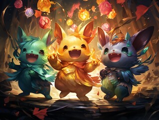 Adorable fiend and allies in a playful victory dance