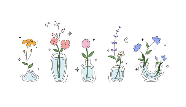 Hand drawn doodle cute flowers in vases vector illustration with line art and color for gift, card and design. Isolated
