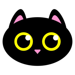 Cartoon black cat with yellow eyes. Cute kitten flat icon. Cat face. Vector illustration isolated on white background.