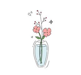 Hand drawn doodle cute flowers in a vase vector illustration with line art and color for gift, card and design. Isolated