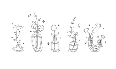 Naklejka premium Hand drawn doodle cute flowers in vases vector illustration with line art for gift, card and design. Isolated