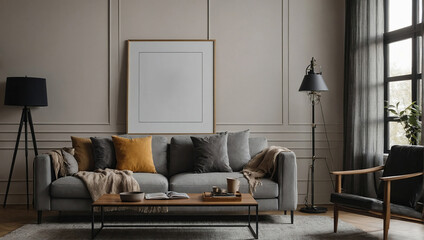 Frame mockup, ISO A paper size. Living room wall poster mockup, Interior mockup with house background